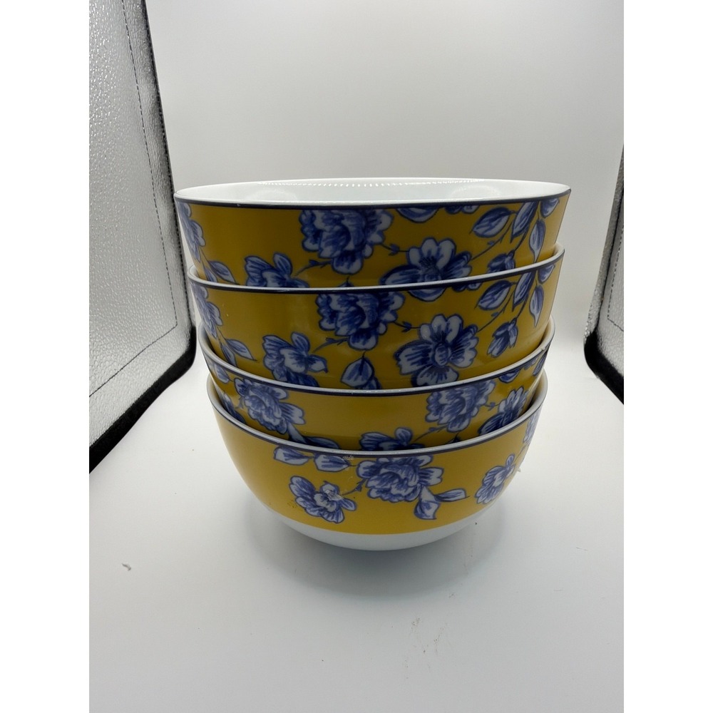 4 PAULA DEEN SPRING PRELUDE YELLOW AND BLUE FLORAL SOUP CEREAL BOWLS